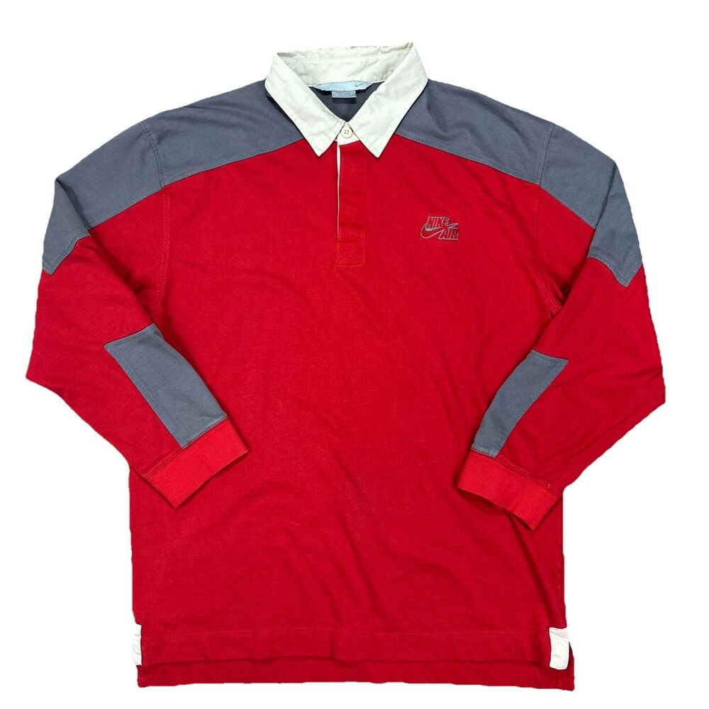 Vintage Nike Air Rugby Polo Shirt Long Sleeve Two Tone Red Gray Men’s Size Large